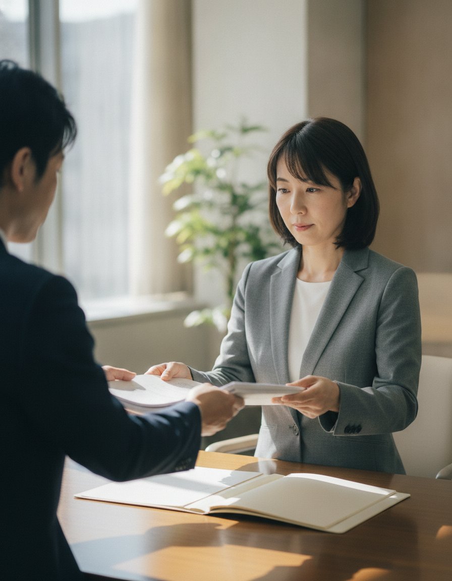 実戦テストの報告書を受け取り、取引先へ出す資料を確かめる管理部長